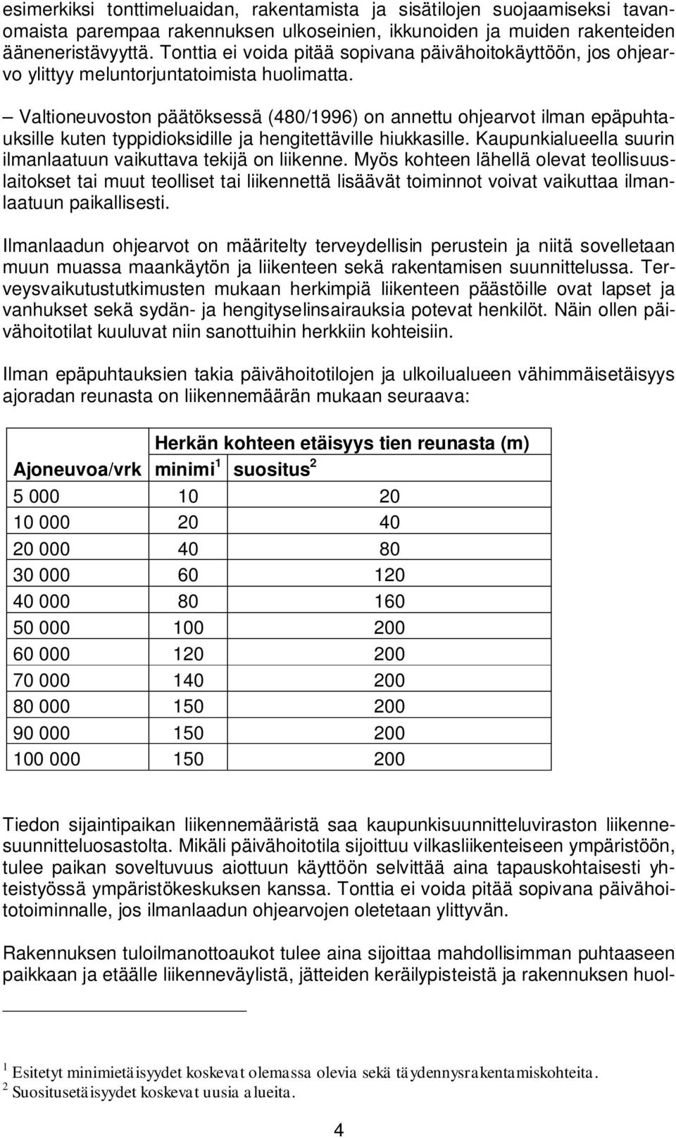 Valtioneuvoston päätöksessä (480/1996) on annettu ohjearvot ilman epäpuhtauksille kuten typpidioksidille ja hengitettäville hiukkasille.