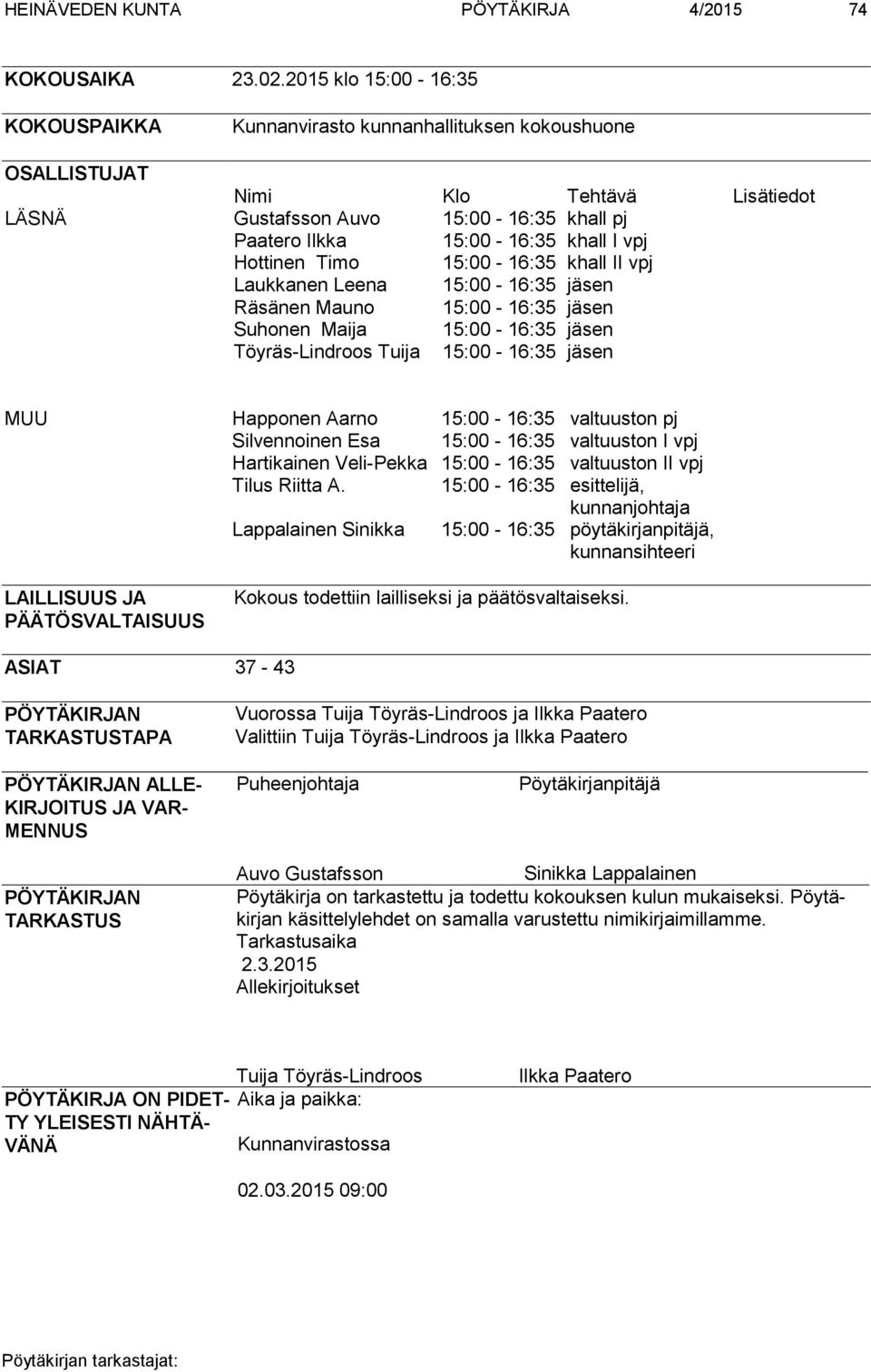 Hottinen Timo 15:00-16:35 khall II vpj Laukkanen Leena 15:00-16:35 jäsen Räsänen Mauno 15:00-16:35 jäsen Suhonen Maija 15:00-16:35 jäsen Töyräs-Lindroos Tuija 15:00-16:35 jäsen MUU Happonen Aarno