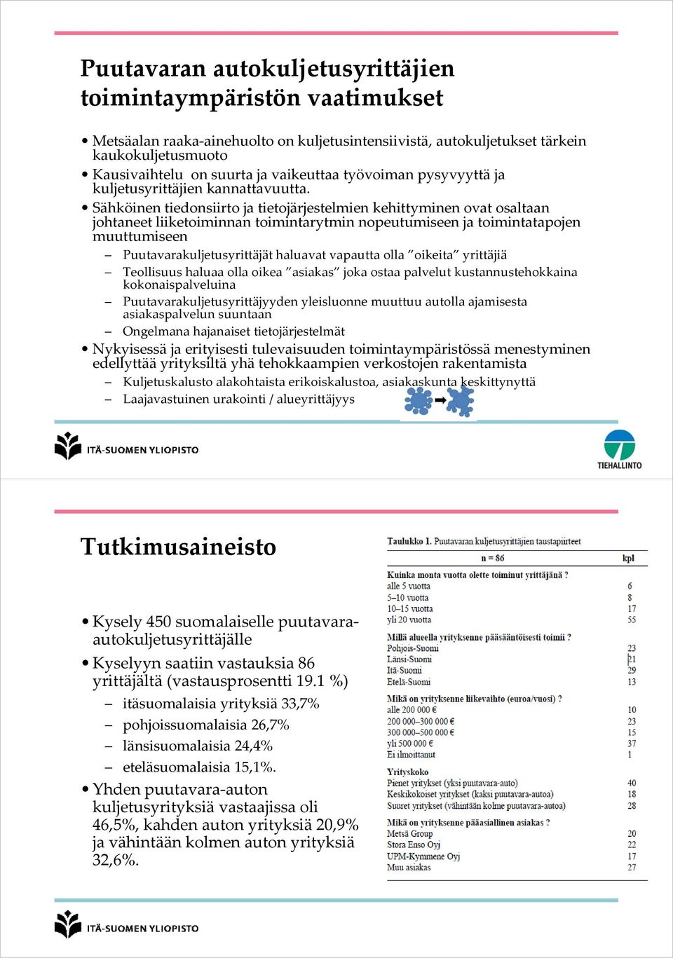 Sähköinen tiedonsiirto ja tietojärjestelmien j kehittyminen ovat osaltaan johtaneet liiketoiminnan toimintarytmin nopeutumiseen ja toimintatapojen muuttumiseen Puutavarakuljetusyrittäjät haluavat