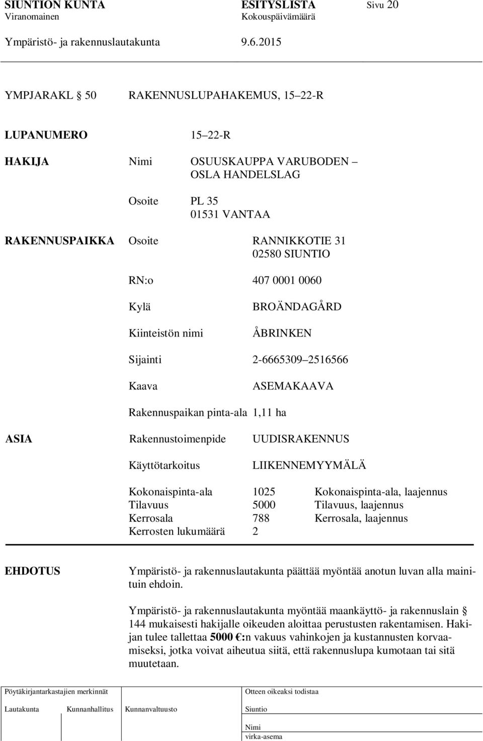 Kokonaispinta-ala 1025 Kokonaispinta-ala, laajennus Tilavuus 5000 Tilavuus, laajennus Kerrosala 788 Kerrosala, laajennus Kerrosten lukumäärä 2 EHDOTUS päättää myöntää anotun luvan alla mainituin