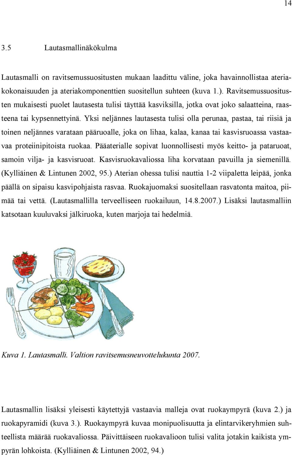 Yksi neljännes lautasesta tulisi olla perunaa, pastaa, tai riisiä ja toinen neljännes varataan pääruoalle, joka on lihaa, kalaa, kanaa tai kasvisruoassa vastaavaa proteiinipitoista ruokaa.