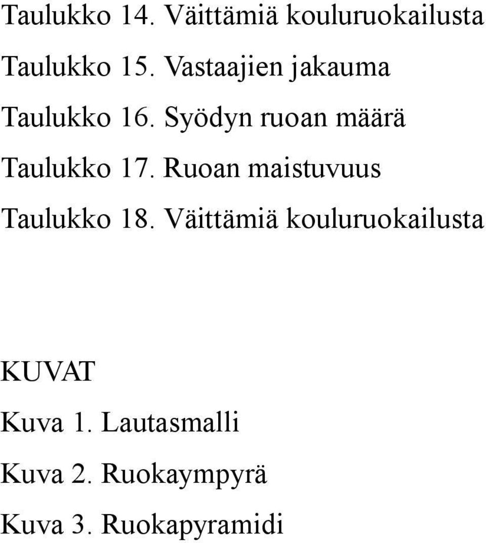 Syödyn ruoan määrä Taulukko 17. Ruoan maistuvuus Taulukko 18.