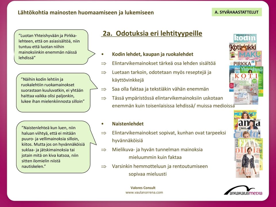 Odotuksia eri lehtityypeille Kodin lehdet, kaupan ja ruokalehdet Elintarvikemainokset tärkeä osa lehden sisältöä Näihin kodin lehtiin ja ruokalehtiin ruokamainokset suorastaan kuuluvatkin, ei yhtään