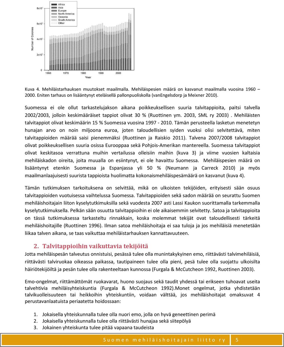 Suomessa ei ole ollut tarkastelujakson aikana poikkeuksellisen suuria talvitappioita, paitsi talvella 2002/2003, jolloin keskimääräiset tappiot olivat 30 % (Ruottinen ym. 2003, SML ry 2003).