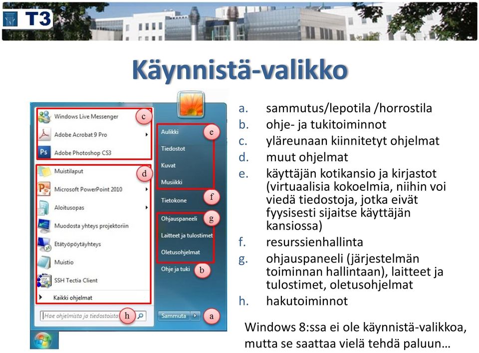 käyttäjän kotikansio ja kirjastot (virtuaalisia kokoelmia, niihin voi viedä tiedostoja, jotka eivät fyysisesti sijaitse