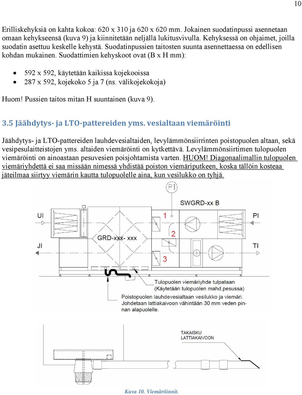 Suodattimien kehyskoot ovat (B x H mm): 592 x 592, käytetään kaikissa kojekooissa 287 x 592, kojekoko 5 ja 7 (ns. välikojekokoja) Huom! Pussien taitos mitan H suuntainen (kuva 9). 3.