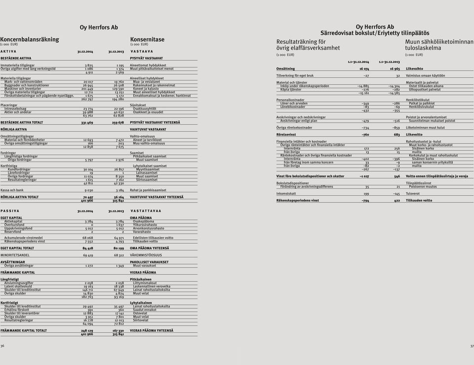 2013 V A S T A A V A BESTÅENDE AKTIVA PYSYVÄT VASTAAVAT Immateriella tillgångar 3 825 1 195 Aineettomat hyödykkeet Övriga utgifter med lång verkningstid 1 086 1 374 Muut pitkävaikutteiset menot 4 911