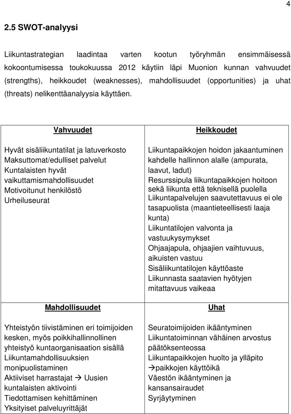 Vahvuudet Hyvät sisäliikuntatilat ja latuverkosto Maksuttomat/edulliset palvelut Kuntalaisten hyvät vaikuttamismahdollisuudet Motivoitunut henkilöstö Urheiluseurat Mahdollisuudet Yhteistyön