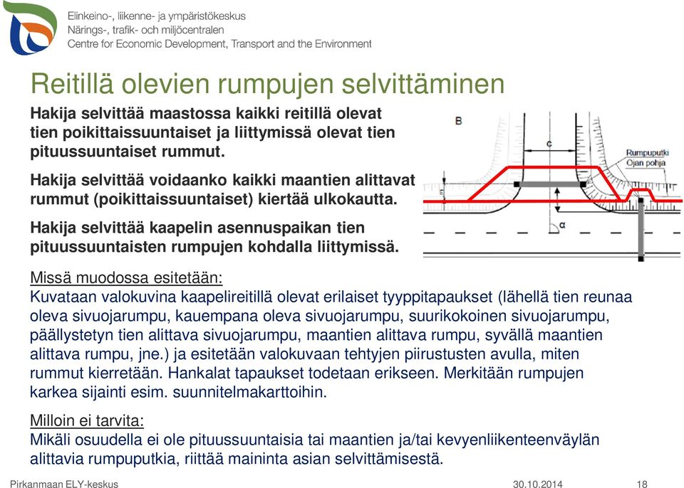 Missä muodossa esitetään: Kuvataan valokuvina kaapelireitillä olevat erilaiset tyyppitapaukset (lähellä tien reunaa oleva sivuojarumpu, kauempana oleva sivuojarumpu, suurikokoinen sivuojarumpu,