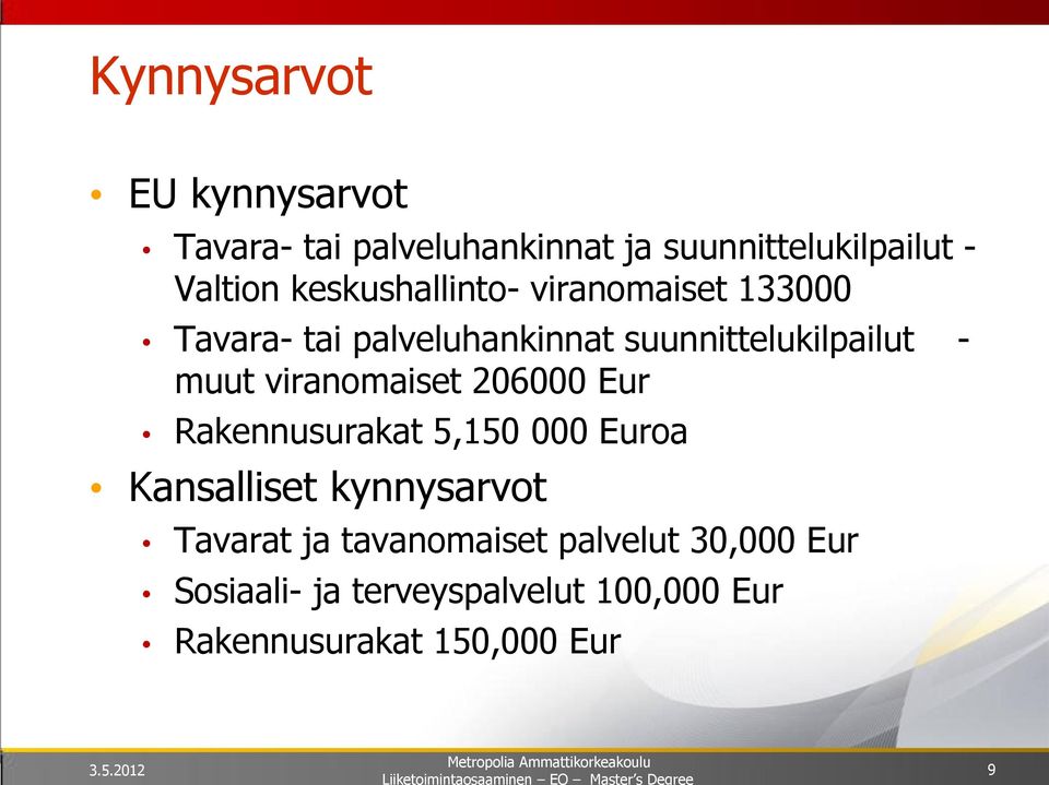 viranomaiset 206000 Eur Rakennusurakat 5,150 000 Euroa Kansalliset kynnysarvot Tavarat ja