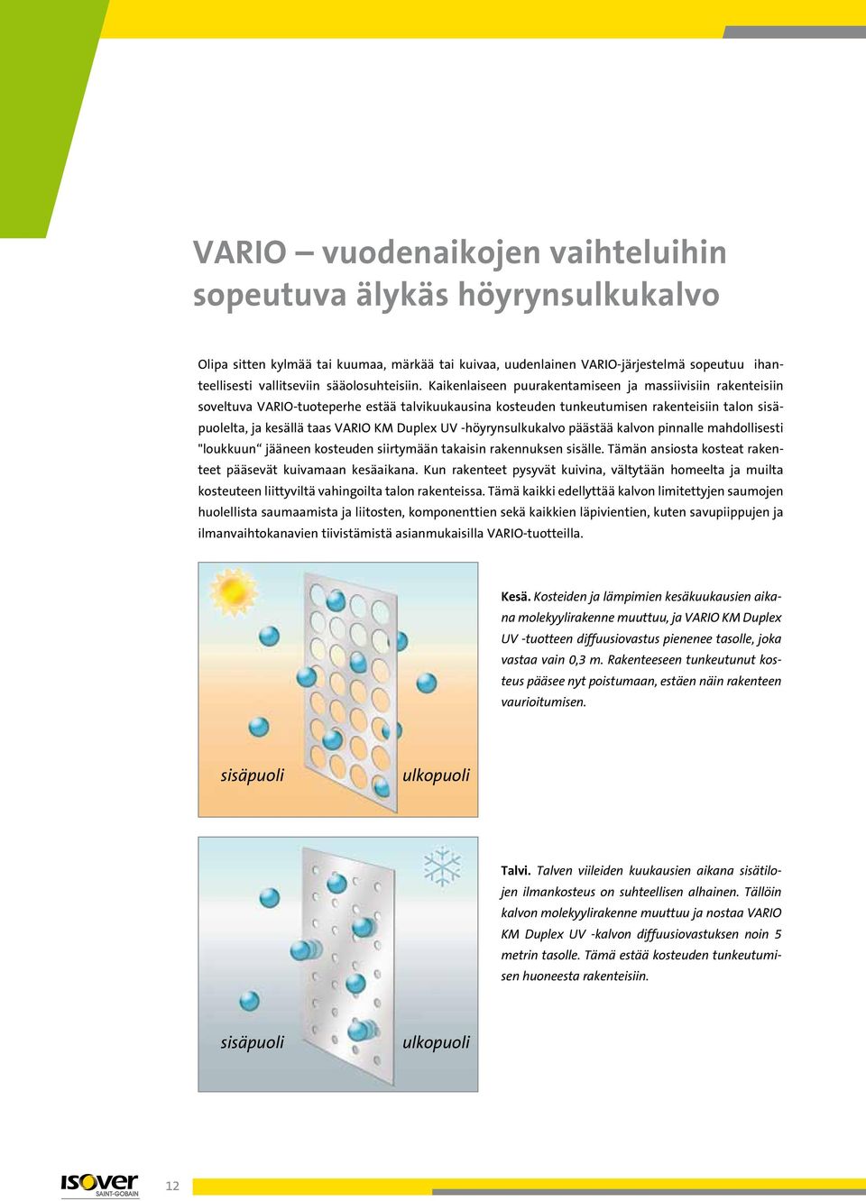 Kaikenlaiseen puurakentamiseen ja massiivisiin rakenteisiin soveltuva VARIO-tuoteperhe estää talvikuukausina kosteuden tunkeutumisen rakenteisiin talon sisäpuolelta, ja kesällä taas VARIO KM Duplex