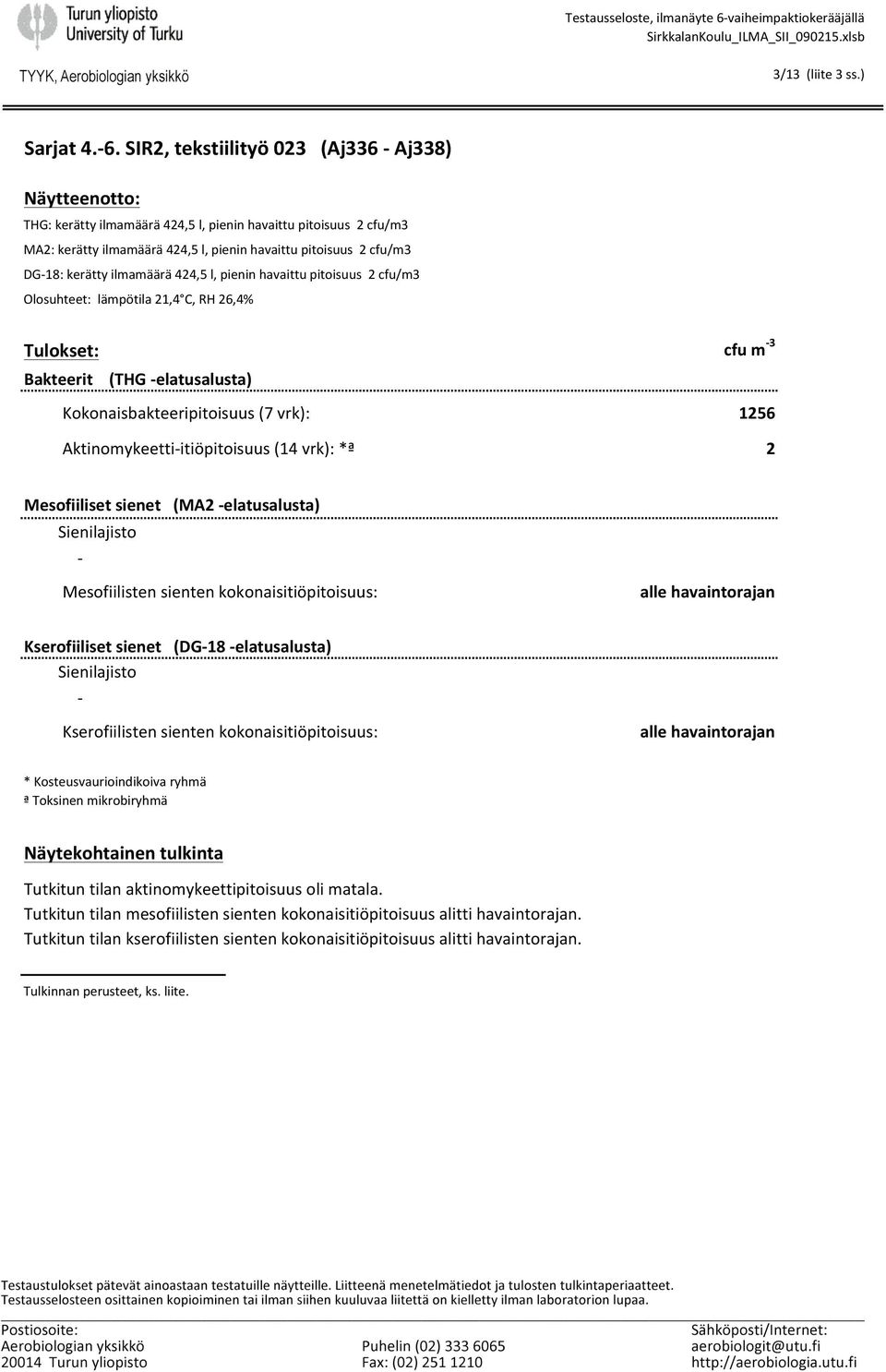 kerätty ilmamäärä 424,5 l, pienin havaittu pitoisuus 2 cfu/m3 Olosuhteet: lämpötila 21,4 C, RH 26,4% Tulokset: Bakteerit (THG - elatusalusta) cfu m - 3 Kokonaisbakteeripitoisuus (7 vrk): 1256