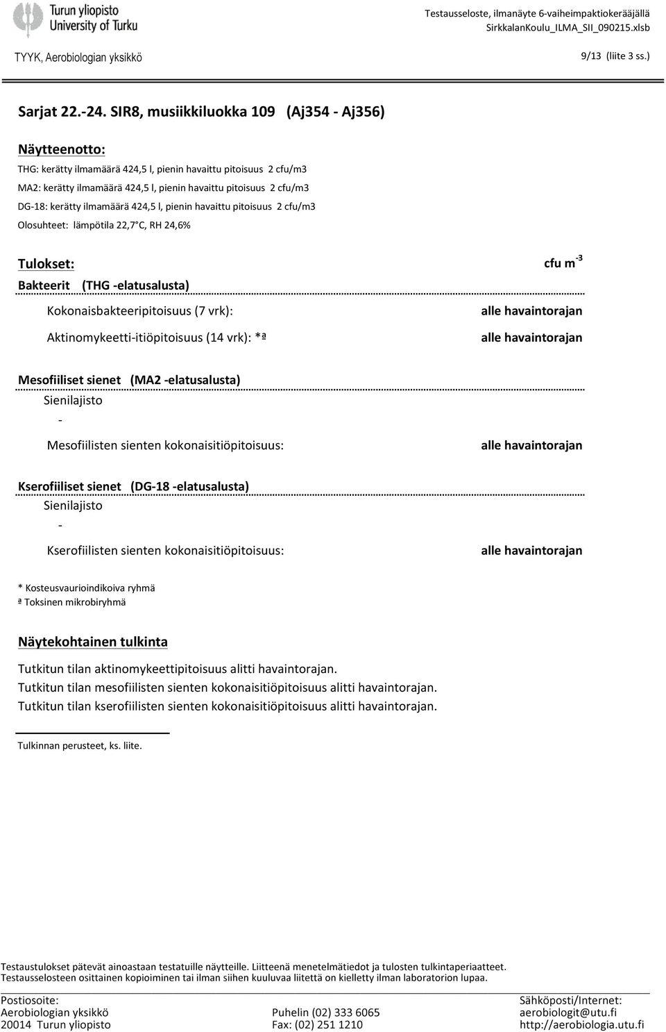 kerätty ilmamäärä 424,5 l, pienin havaittu pitoisuus 2 cfu/m3 Olosuhteet: lämpötila 22,7 C, RH 24,6% Tulokset: Bakteerit (THG - elatusalusta) Kokonaisbakteeripitoisuus (7 vrk): Aktinomykeetti-