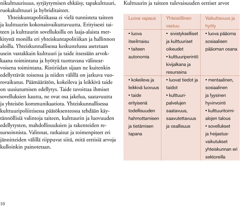 Yhteiskunnallisessa keskustelussa asetetaan usein vastakkain kulttuuri ja taide itsessään arvokkaana toimintana ja hyötyä tuottavana välinearvoisena toimintana.