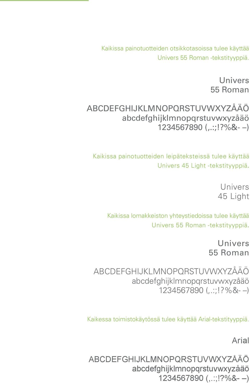?%&- ) Kaikissa painotuotteiden leipäteksteissä tulee käyttää Univers 45 Light -tekstityyppiä.