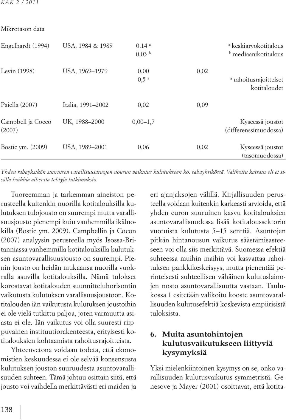 (2009) USA, 1989 2001 0,06 0,02 Kyseessä joustot (tasomuodossa) Yhden rahayksikön suuruisen varallisuusarvojen nousun vaikutus kulutukseen ko. rahayksikössä.