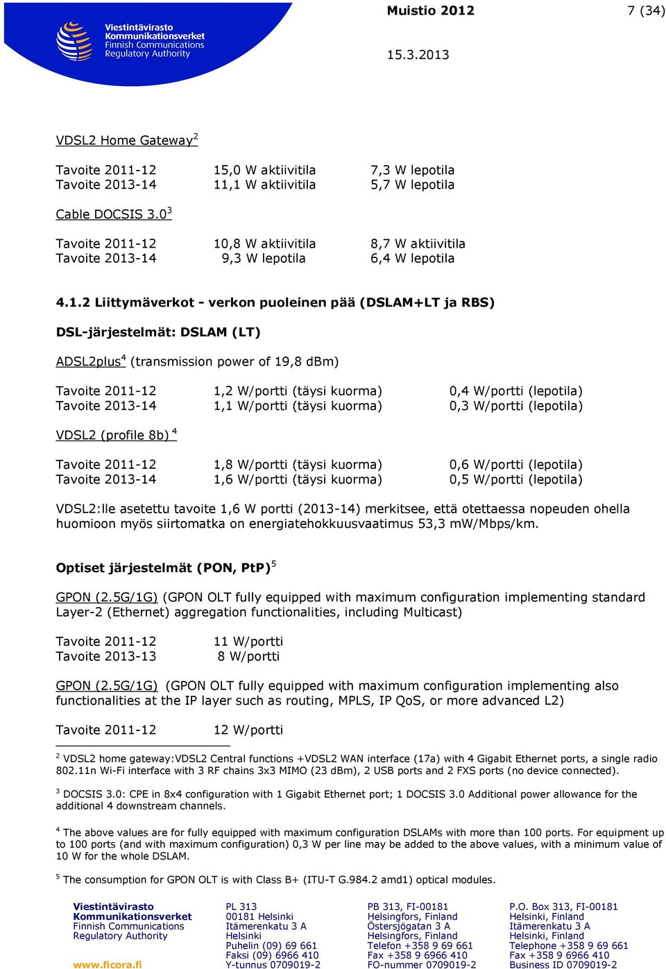-12 10,8 W aktiivitila 8,7 W aktiivitila Tavoite 2013-14 9,3 W lepotila 6,4 W lepotila 4.1.2 Liittymäverkot - verkon puoleinen pää (DSLAM+LT ja RBS) DSL-järjestelmät: DSLAM (LT) ADSL2plus 4