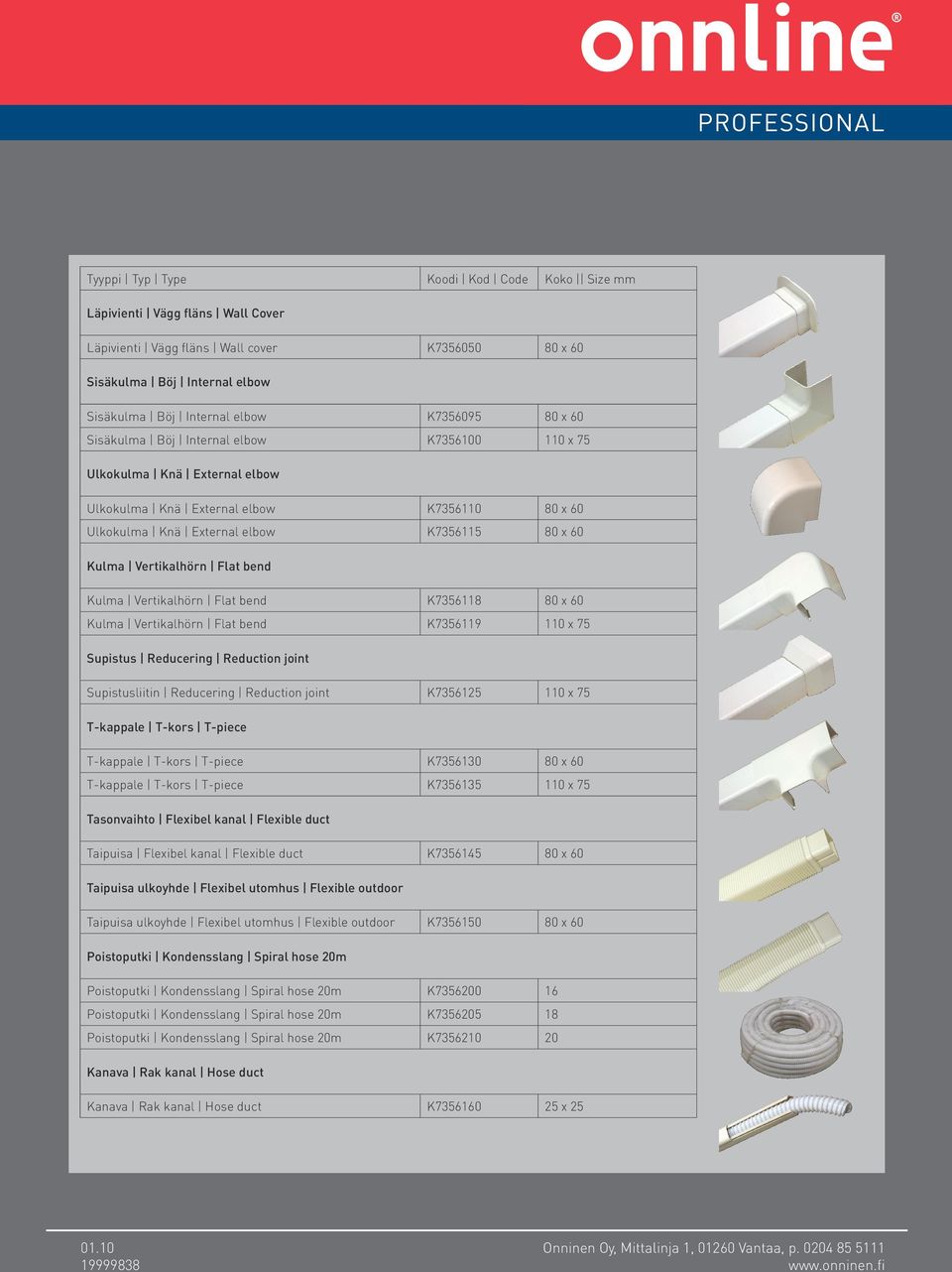 Kulma Vertikalhörn Flat bend K7356118 80 x 60 Kulma Vertikalhörn Flat bend K7356119 110 x 75 Supistus Reducering Reduction joint Supistusliitin Reducering Reduction joint K7356125 110 x 75 T-kappale