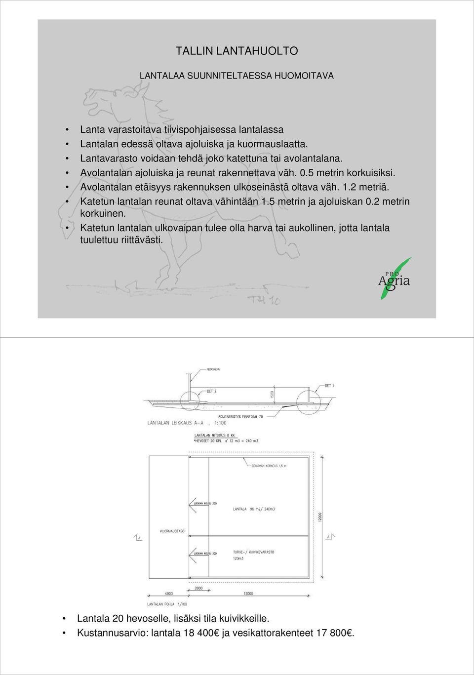 Avolantalan etäisyys rakennuksen ulkoseinästä oltava väh. 1.2 metriä. Katetun lantalan reunat oltava vähintään 1.5 metrin ja ajoluiskan 0.2 metrin korkuinen.