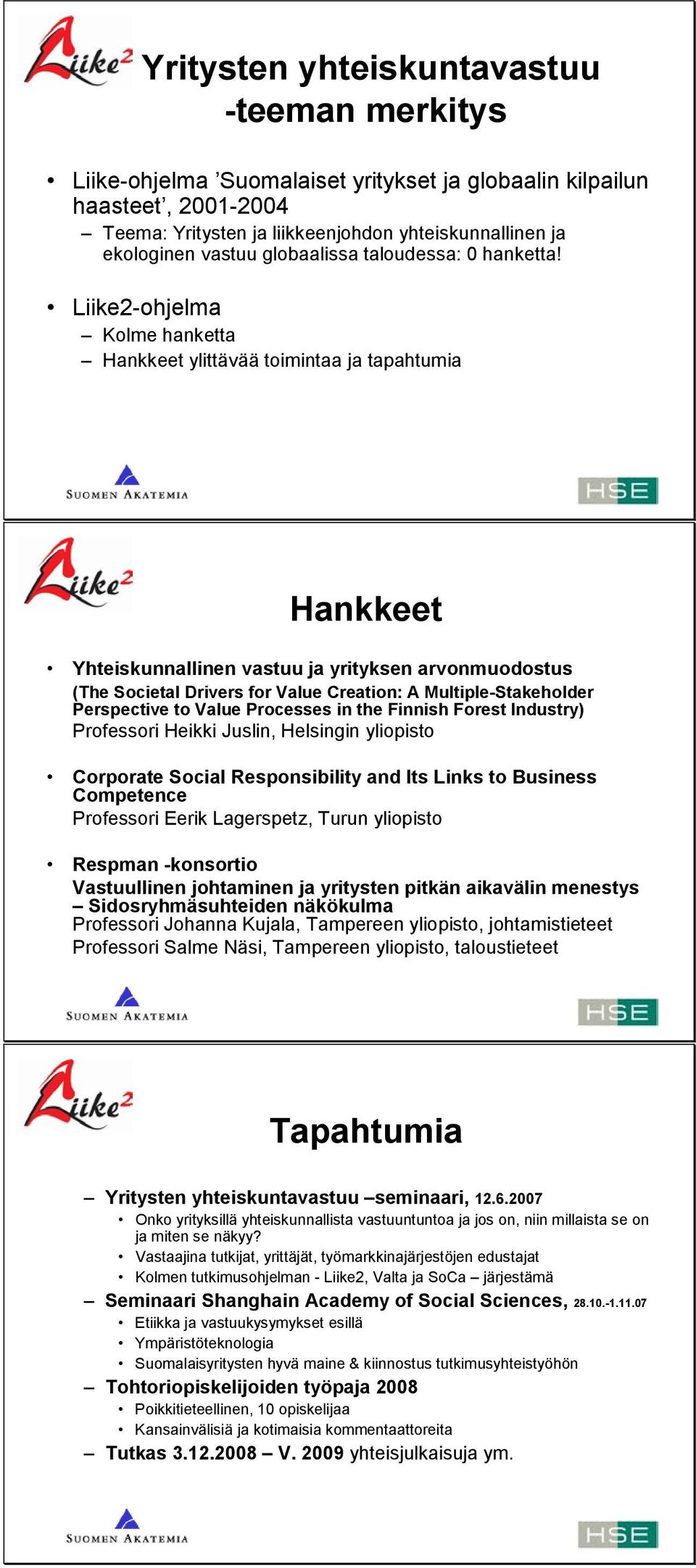 Liike2-ohjelma Kolme hanketta Hankkeet ylittävää toimintaa ja tapahtumia Hankkeet Yhteiskunnallinen vastuu ja yrityksen arvonmuodostus (The Societal Drivers for Value Creation: A Multiple-Stakeholder