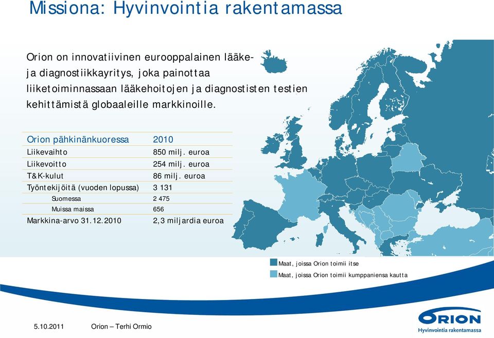 Orion pähkinänkuoressa 2010 Liikevaihto 850 milj. euroa Liikevoitto 254 milj. euroa T&K-kulut 86 milj.