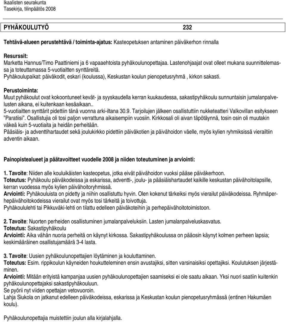 Perustoiminta: Muut pyhäkoulut ovat kokoontuneet kevät- ja syyskaudella kerran kuukaudessa, sakastipyhäkoulu sunnuntaisin jumalanpalvelusten aikana, ei kuitenkaan kesäaikaan.