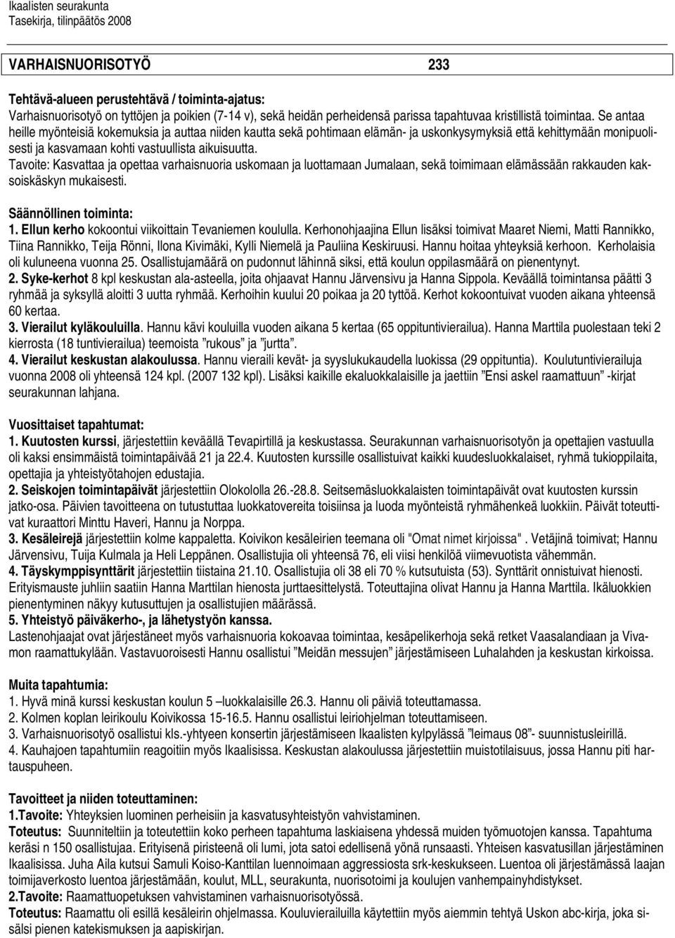 Tavoite: Kasvattaa ja opettaa varhaisnuoria uskomaan ja luottamaan Jumalaan, sekä toimimaan elämässään rakkauden kaksoiskäskyn mukaisesti. Säännöllinen toiminta: 1.