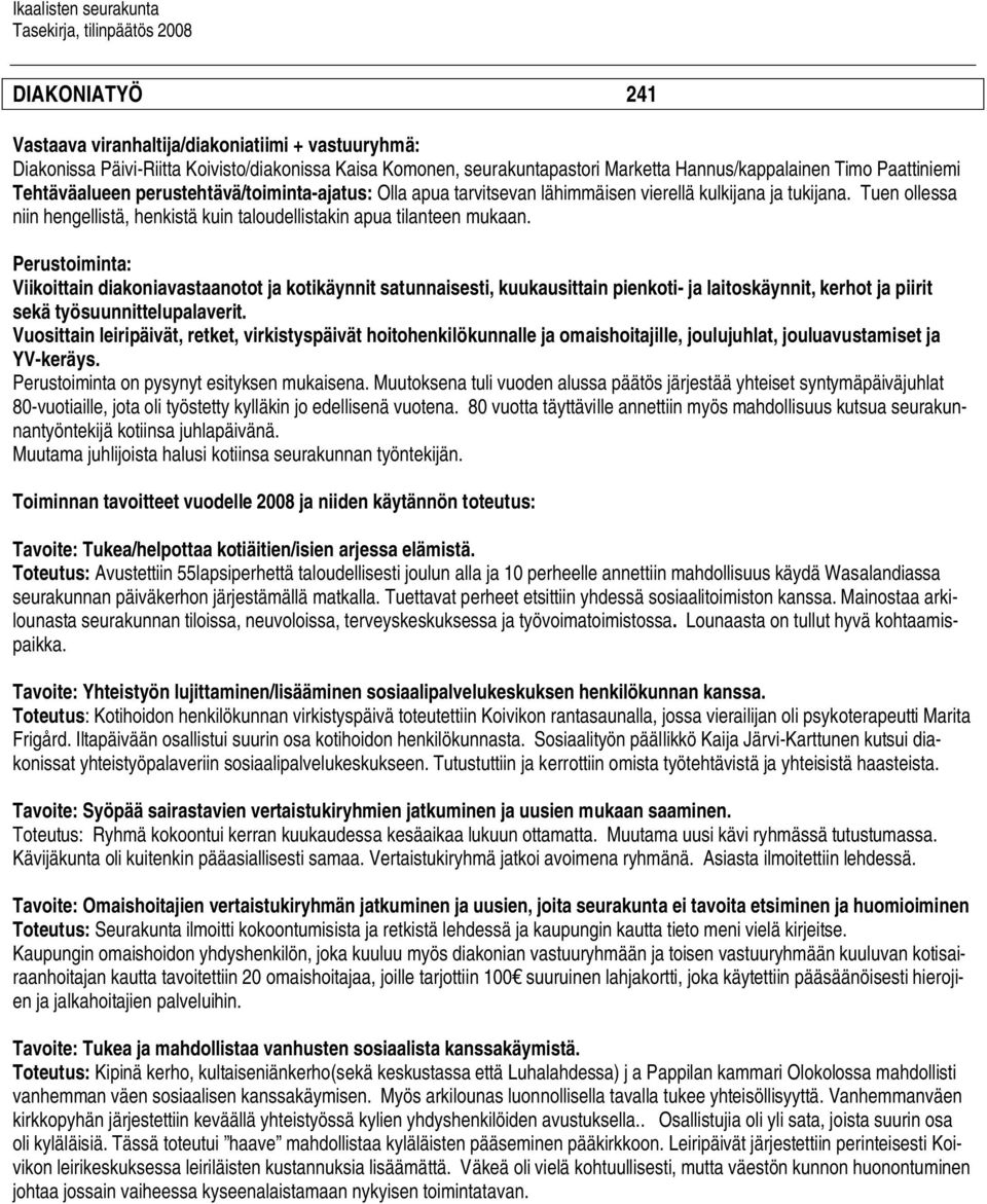 Perustoiminta: Viikoittain diakoniavastaanotot ja kotikäynnit satunnaisesti, kuukausittain pienkoti- ja laitoskäynnit, kerhot ja piirit sekä työsuunnittelupalaverit.