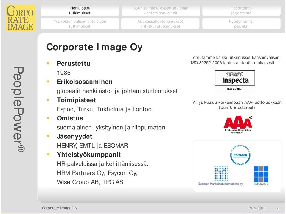 HR-palveluissa ja kehittämisessä: HRM Partners Oy, Psycon Oy, Wise Group AB, TPG AS Toteutamme kaikki kansainvälisen ISO