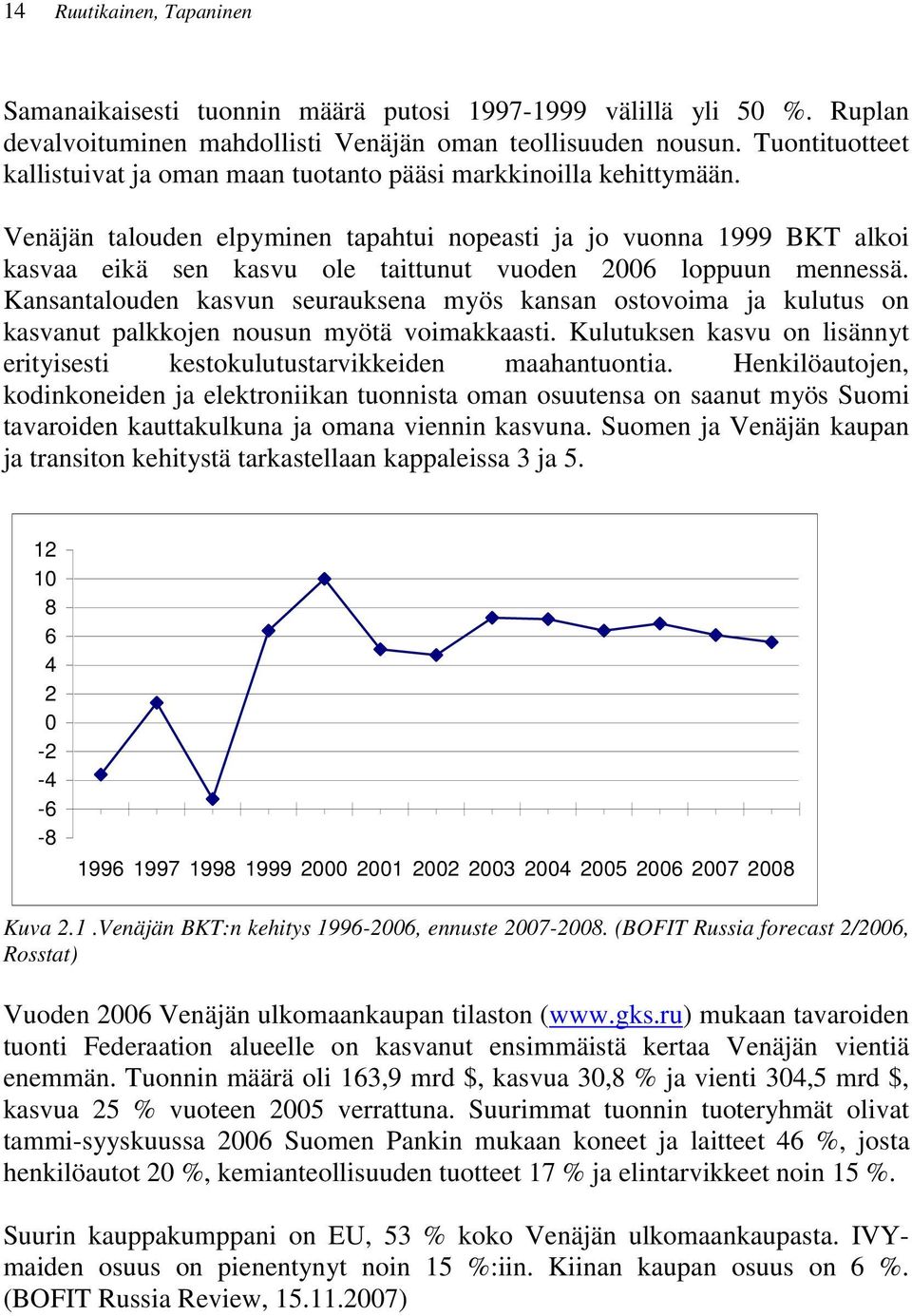 Venäjän talouden elpyminen tapahtui nopeasti ja jo vuonna 1999 BKT alkoi kasvaa eikä sen kasvu ole taittunut vuoden 2006 loppuun mennessä.