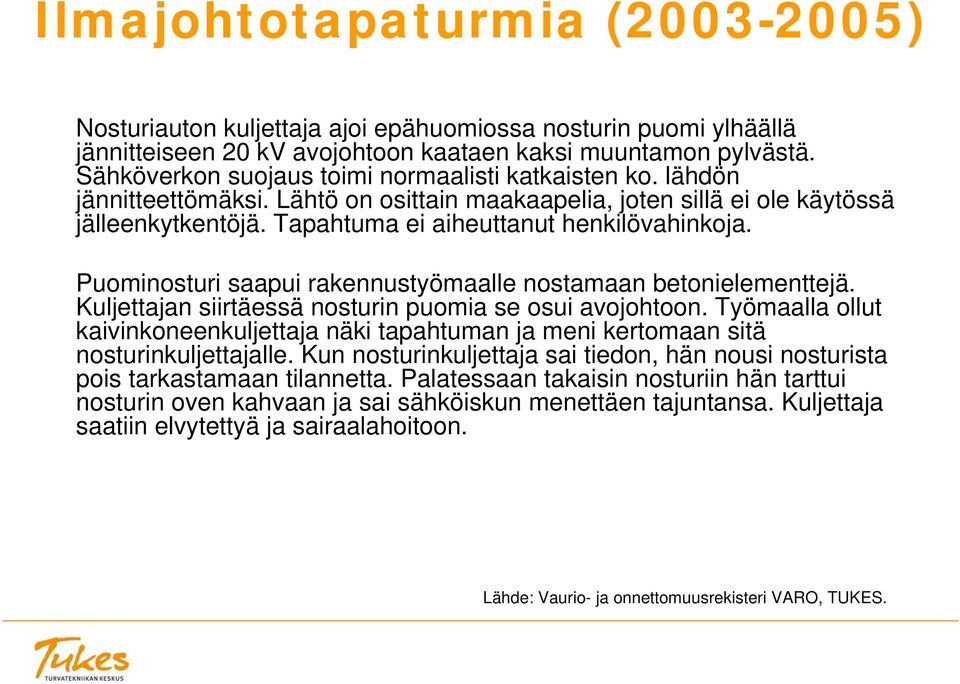 Puominosturi saapui rakennustyömaalle nostamaan betonielementtejä. Kuljettajan siirtäessä nosturin puomia se osui avojohtoon.