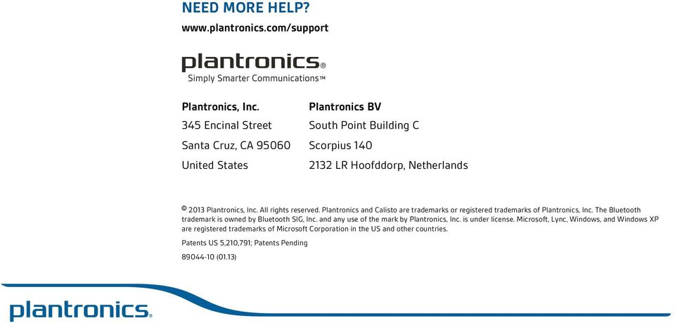 Inc. All rights reserved. Plantronics and Calisto are trademarks or registered trademarks of Plantronics, Inc.