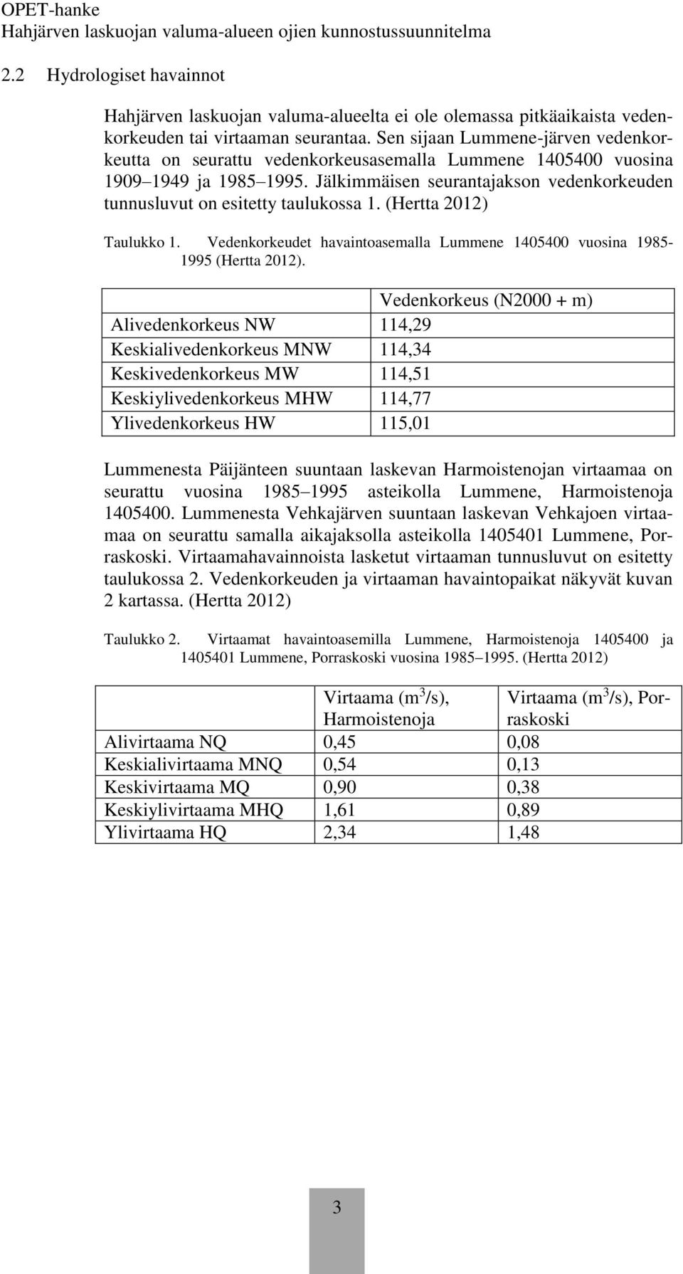 Jälkimmäisen seurantajakson vedenkorkeuden tunnusluvut on esitetty taulukossa 1. (Hertta 2012) Taulukko 1. Vedenkorkeudet havaintoasemalla Lummene 1405400 vuosina 1985-1995 (Hertta 2012).