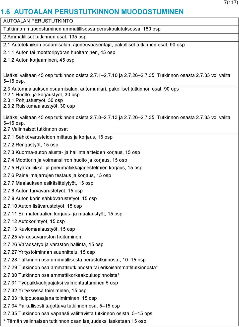 7.1 2.7.10 ja 2.7.26 2.7.35. Tutkinnon osasta 2.7.35 voi valita 5 15 osp. 2.3 Automaalauksen osaamisalan, automaalari, pakolliset tutkinnon osat, 90 ops 2.2.1 Huolto- ja korjaustyöt, 30 osp 2.3.1 Pohjustustyöt, 30 osp 2.