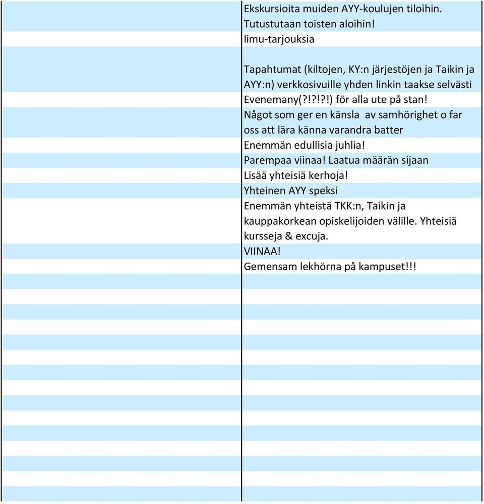 !?!?!) för alla ute på stan! Något som ger en känsla av samhörighet o far oss att lära känna varandra batter Enemmän edullisia juhlia!