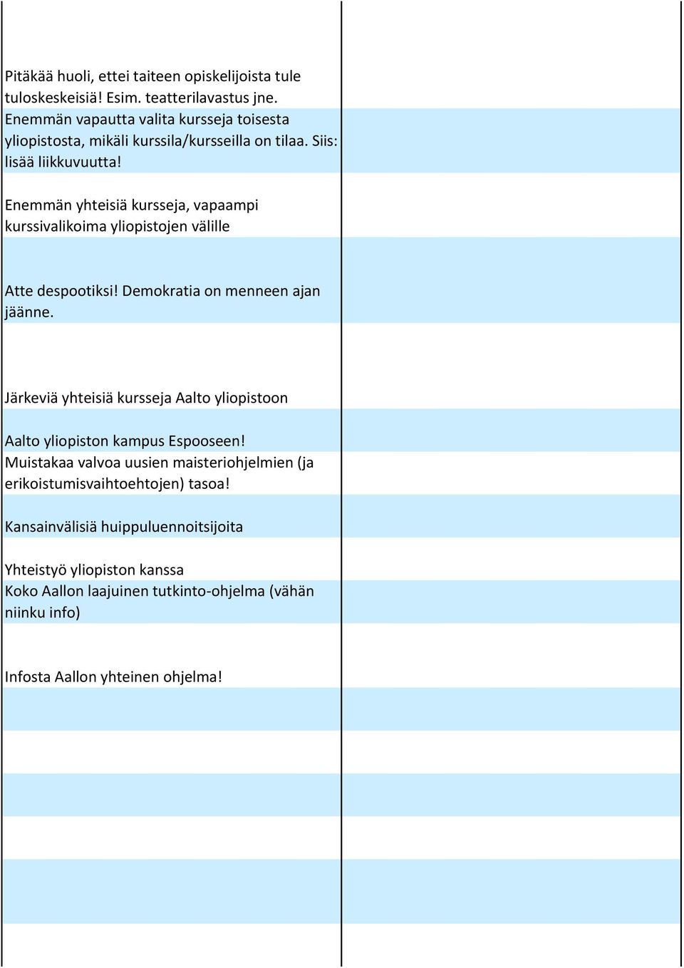 Enemmän yhteisiä kursseja, vapaampi kurssivalikoima yliopistojen välille Atte despootiksi! Demokratia on menneen ajan jäänne.