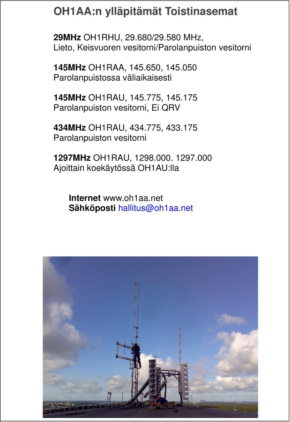 050 Parolanpuistossa väliaikaisesti 145MHz OH1RAU, 145.775, 145.