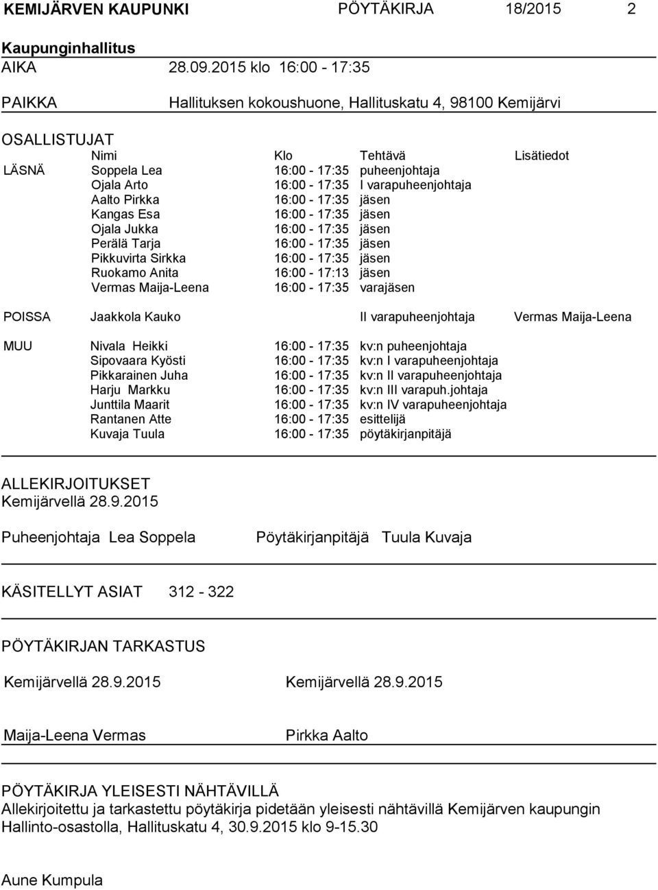 varapuheenjohtaja Aalto Pirkka 16:00-17:35 jäsen Kangas Esa 16:00-17:35 jäsen Ojala Jukka 16:00-17:35 jäsen Perälä Tarja 16:00-17:35 jäsen Pikkuvirta Sirkka 16:00-17:35 jäsen Ruokamo Anita