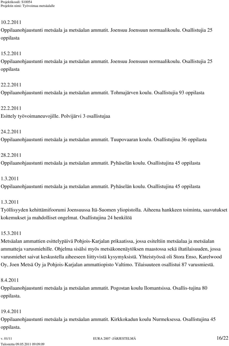 Osallistujina 36 oppilasta 28.2.2011 Oppilaanohjaustunti metsäala ja metsäalan ammatit. Pyhäselän koulu. Osallistujina 45 oppilasta 1.3.2011 Oppilaanohjaustunti metsäala ja metsäalan ammatit. Pyhäselän koulu. Osallistujina 45 oppilasta 1.3.2011 Työllisyyden kehittämifoorumi Joensuussa Itä-Suomen yliopistolla.