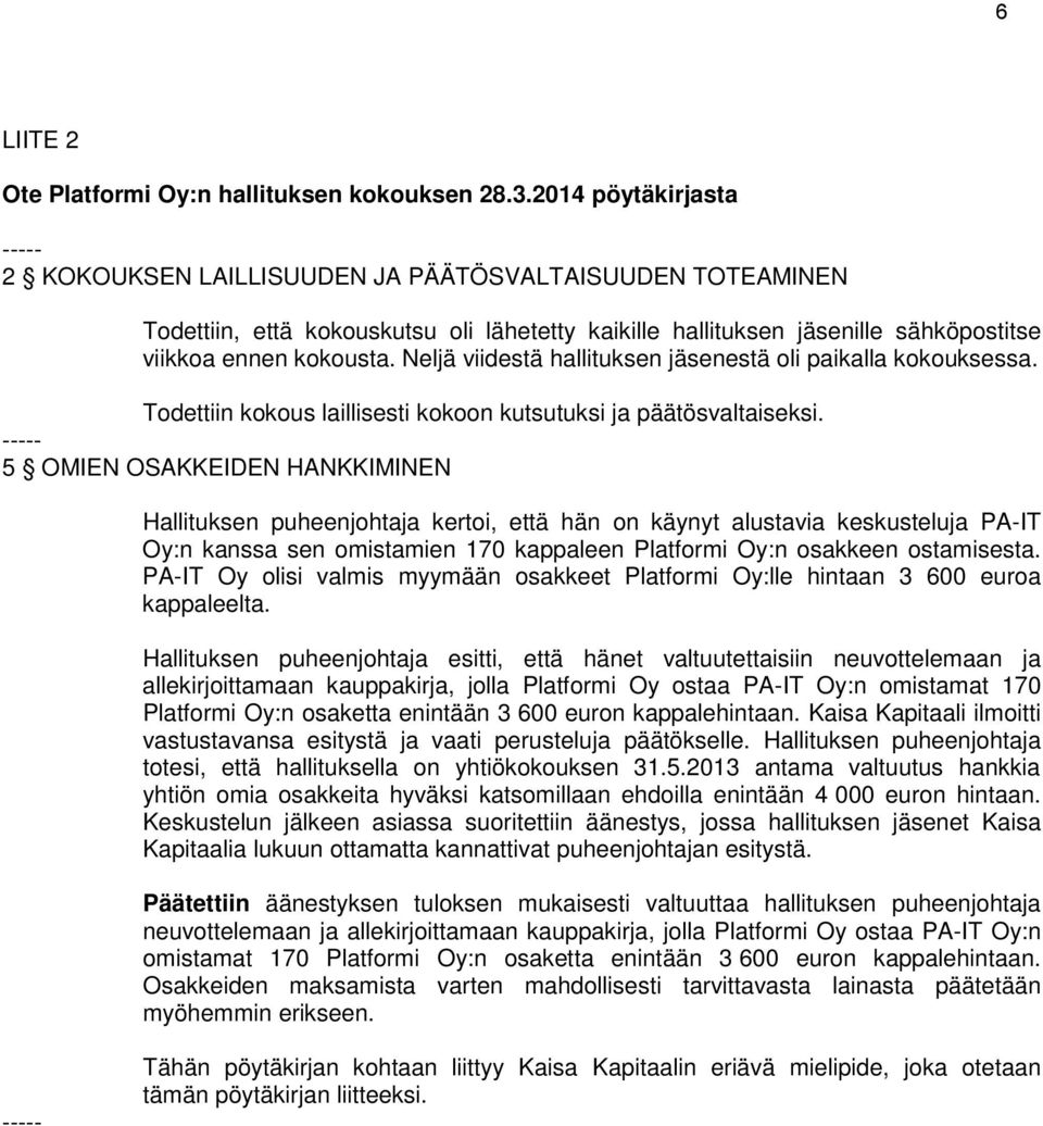 Neljä viidestä hallituksen jäsenestä oli paikalla kokouksessa. Todettiin kokous laillisesti kokoon kutsutuksi ja päätösvaltaiseksi.