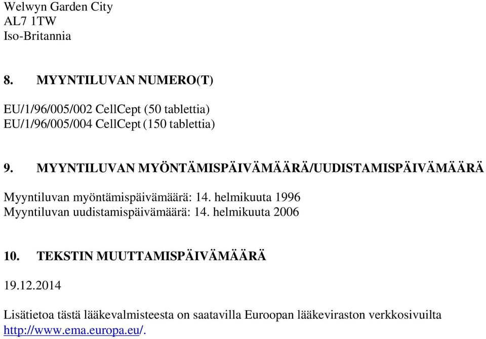 MYYNTILUVAN MYÖNTÄMISPÄIVÄMÄÄRÄ/UUDISTAMISPÄIVÄMÄÄRÄ Myyntiluvan myöntämispäivämäärä: 14.