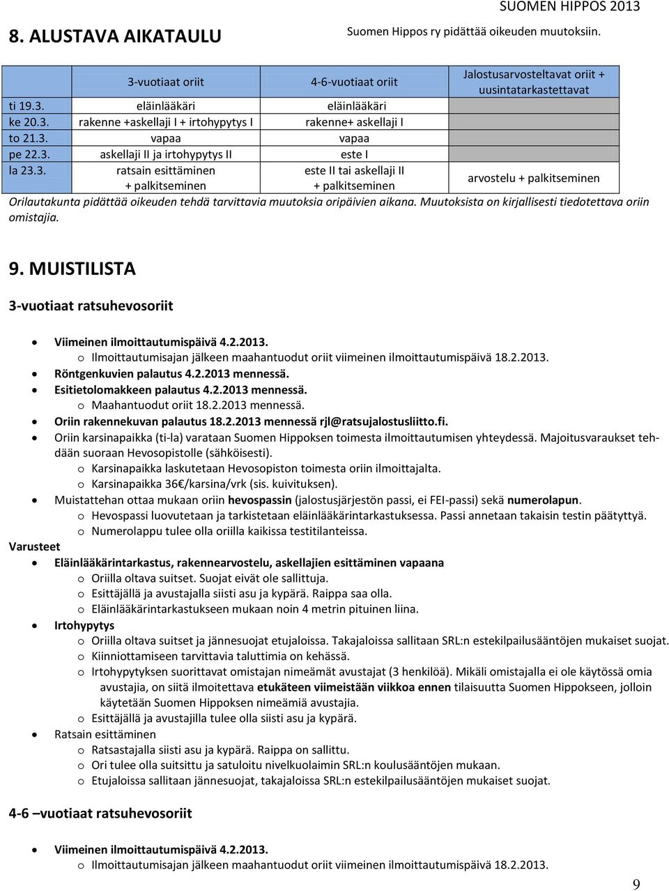 Muutoksista on kirjallisesti tiedotettava oriin omistajia. 9. MUISTILISTA 3-vuotiaat ratsuhevosoriit Viimeinen ilmoittautumispäivä 4.2.2013.