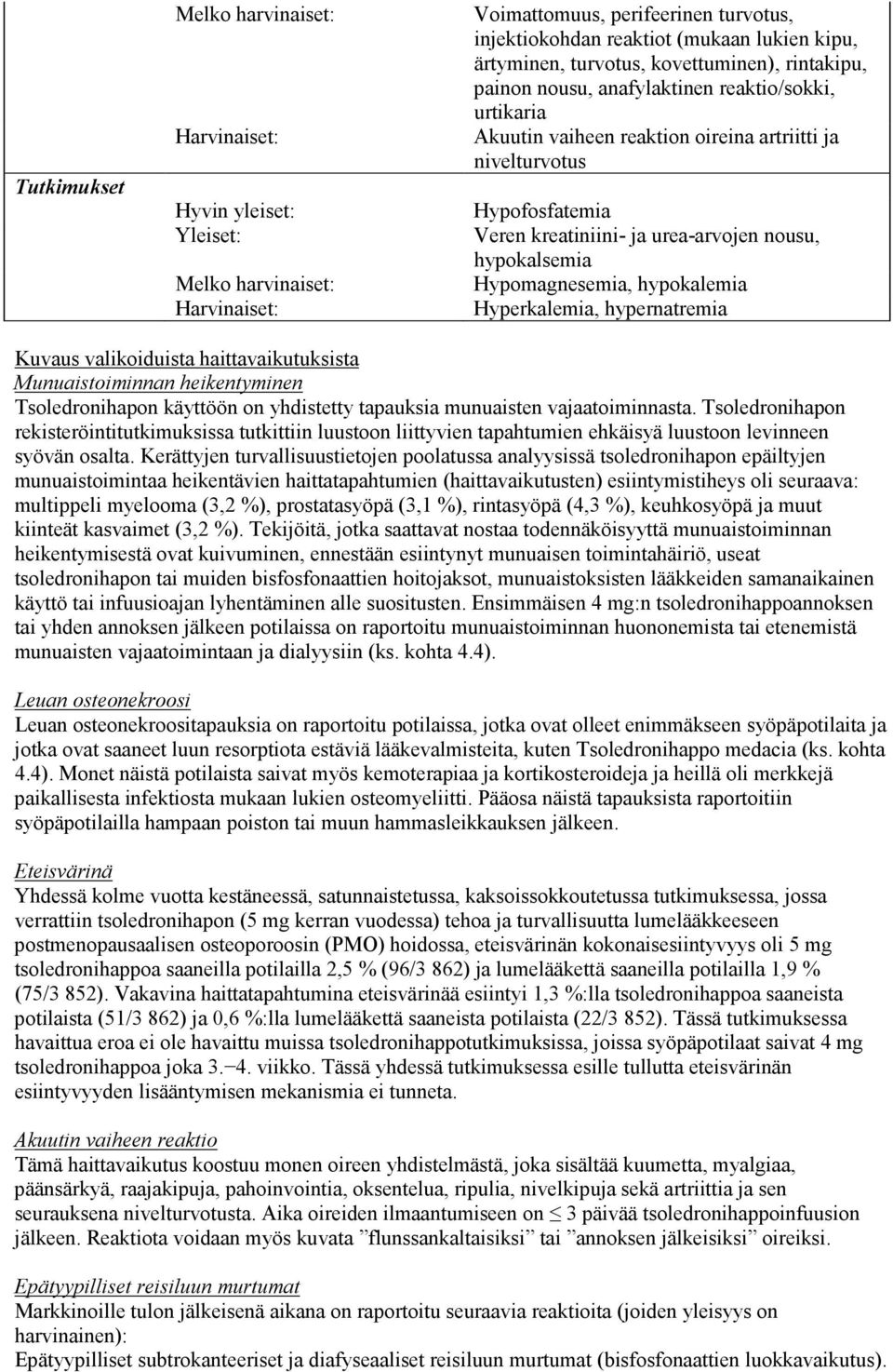 Hyperkalemia, hypernatremia Kuvaus valikoiduista haittavaikutuksista Munuaistoiminnan heikentyminen Tsoledronihapon käyttöön on yhdistetty tapauksia munuaisten vajaatoiminnasta.