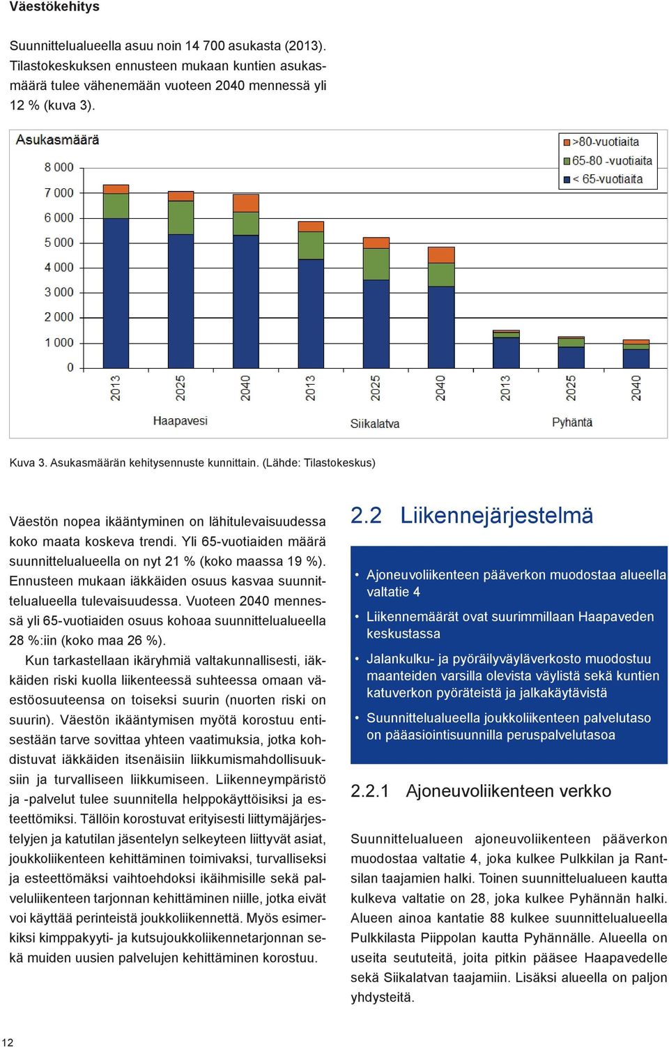 Yli 65-vuotiaiden määrä suunnittelualueella on nyt 21 % (koko maassa 19 %). Ennusteen mukaan iäkkäiden osuus kasvaa suunnittelualueella tulevaisuudessa.