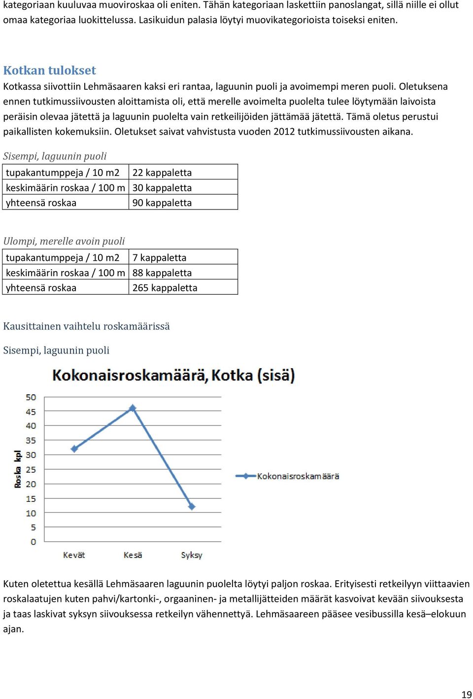 Oletuksena ennen tutkimussiivousten aloittamista oli, että merelle avoimelta puolelta tulee löytymään laivoista peräisin olevaa jätettä ja laguunin puolelta vain retkeilijöiden jättämää jätettä.