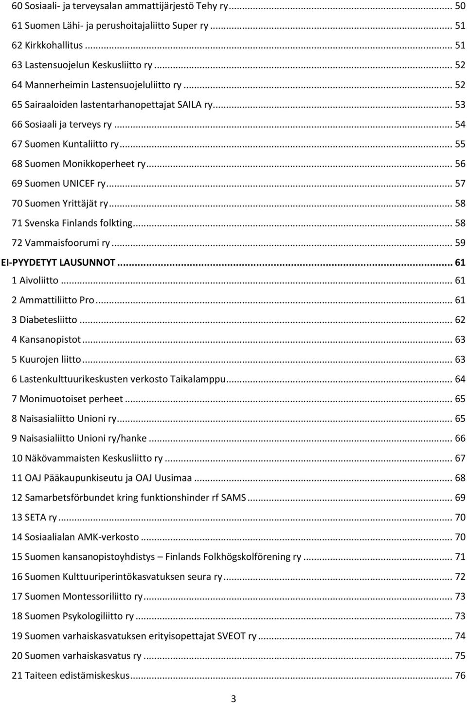 .. 56 69 Suomen UNICEF ry... 57 70 Suomen Yrittäjät ry... 58 71 Svenska Finlands folkting... 58 72 Vammaisfoorumi ry... 59 EI-PYYDETYT LAUSUNNOT... 61 1 Aivoliitto... 61 2 Ammattiliitto Pro.