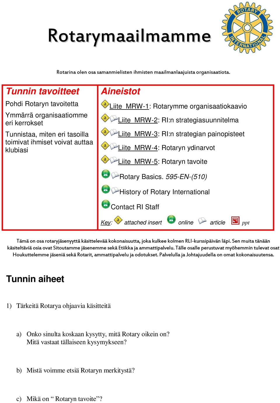 organisaatiokaavio Liite MRW-2: RI:n strategiasuunnitelma Liite MRW-3: RI:n strategian painopisteet Liite MRW-4: Rotaryn ydinarvot Liite MRW-5: Rotaryn tavoite Rotary Basics.
