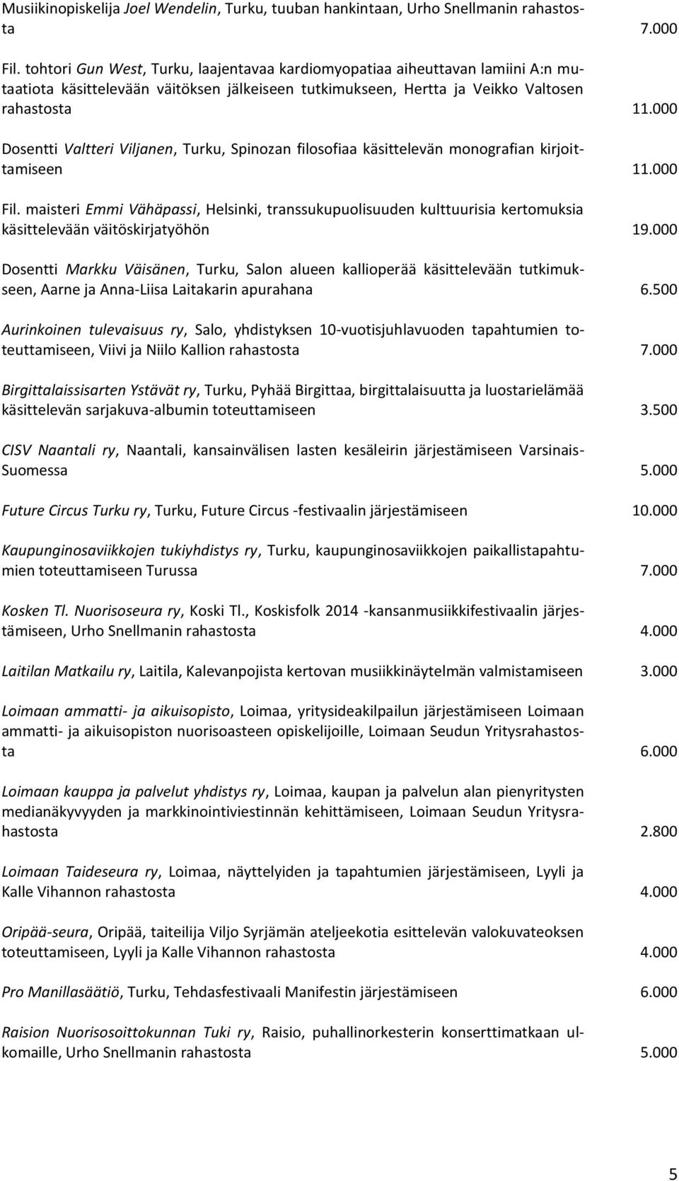 Viljanen, Turku, Spinozan filosofiaa käsittelevän monografian kirjoittamiseen Fil. maisteri Emmi Vähäpassi, Helsinki, transsukupuolisuuden kulttuurisia kertomuksia käsittelevään väitöskirjatyöhön 19.