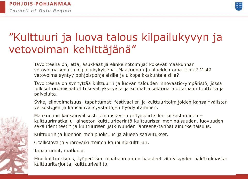 Tavoitteena on synnyttää kulttuurin ja luovan talouden innovaatio-ympäristö, jossa julkiset organisaatiot tukevat yksityistä ja kolmatta sektoria tuottamaan tuotteita ja palveluita.