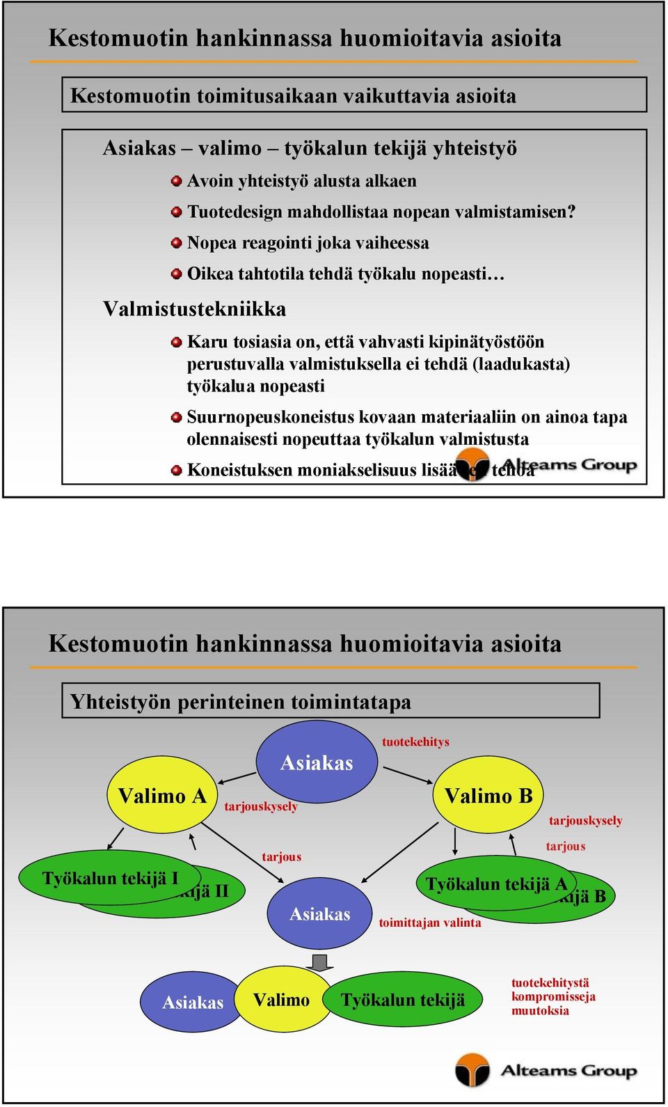 nopeasti Suurnopeuskoneistus kovaan materiaaliin on ainoa tapa olennaisesti nopeuttaa työkalun valmistusta Koneistuksen moniakselisuus lisää sen tehoa Yhteistyön perinteinen toimintatapa Valimo A